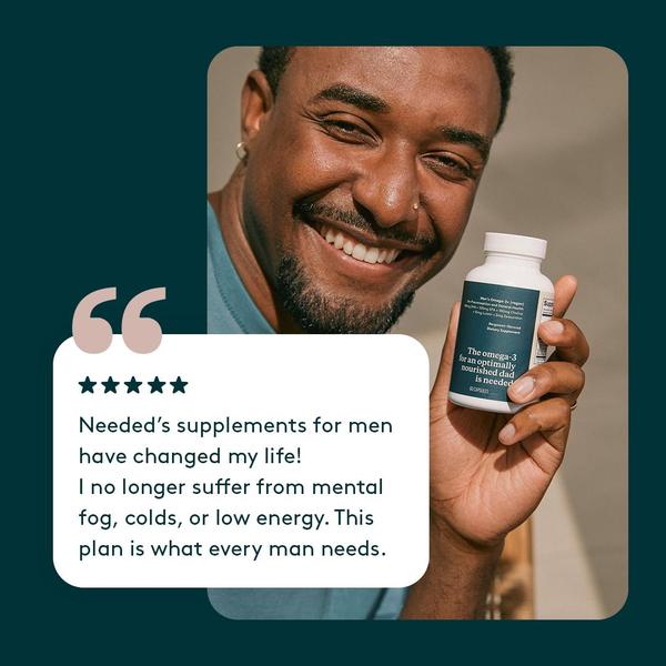 A square ad creative featuring a smiling man holding a supplement bottle alongside a five-star customer review emphasizing health benefits.